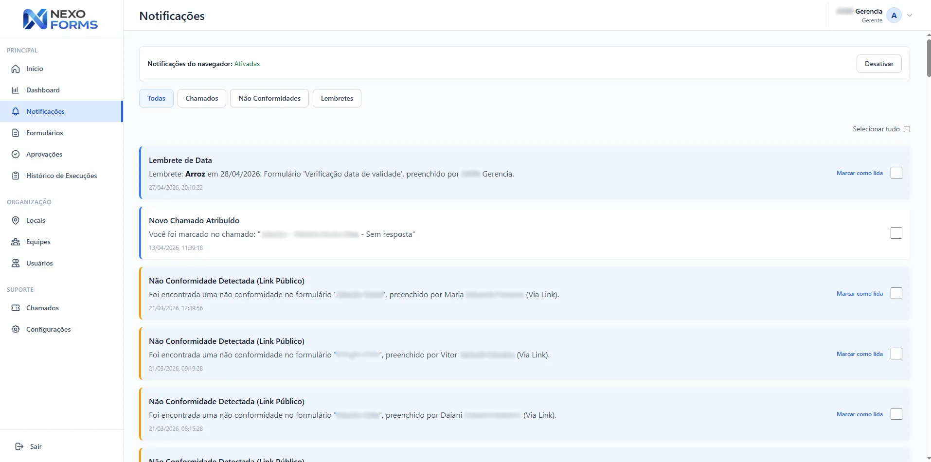 Tela de notificações do NexoForms com avisos de rotina e pendências